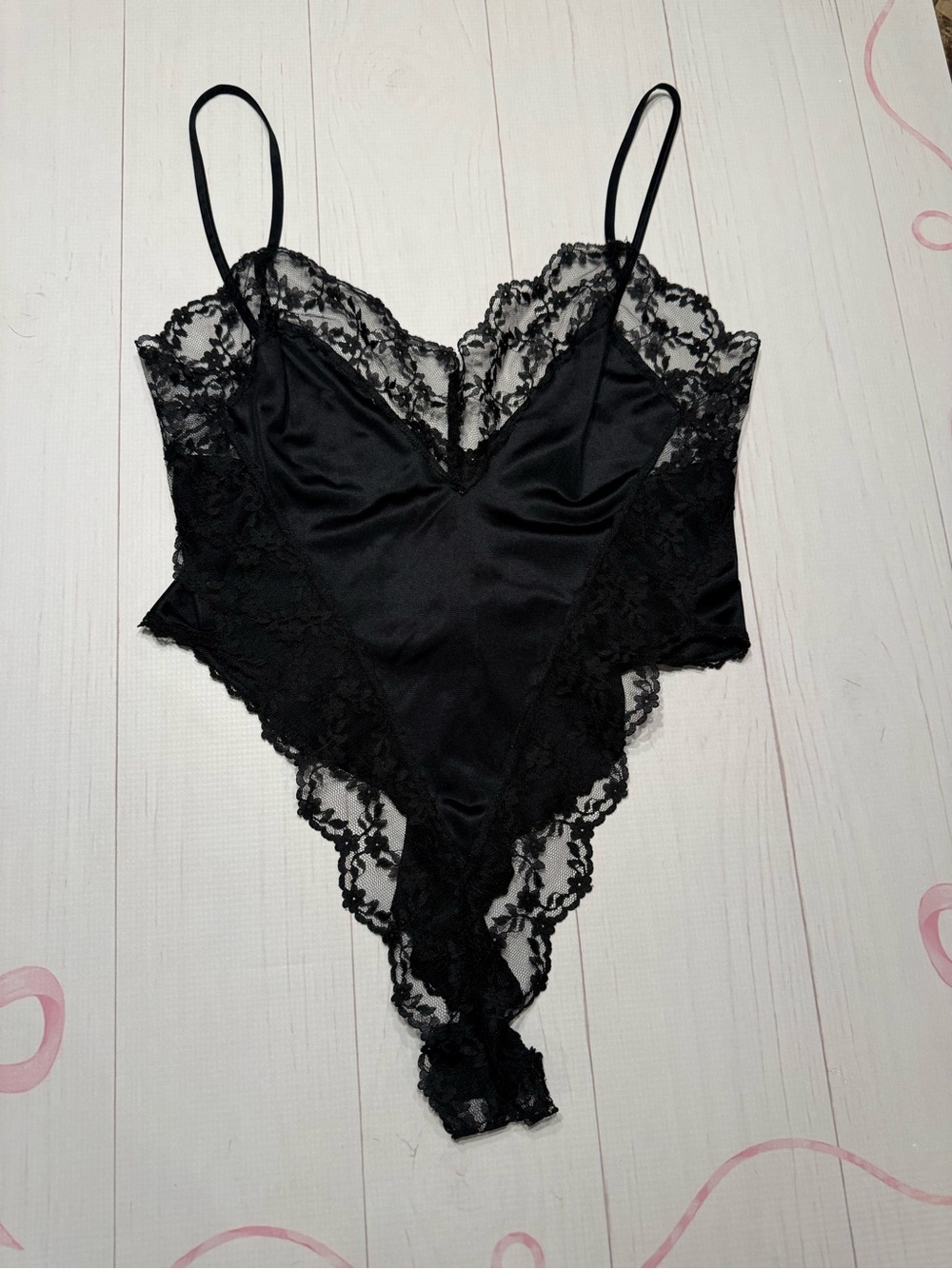 Vintage Frederick's of Hollywood Black Lace & Satin Teddy Bodysuit